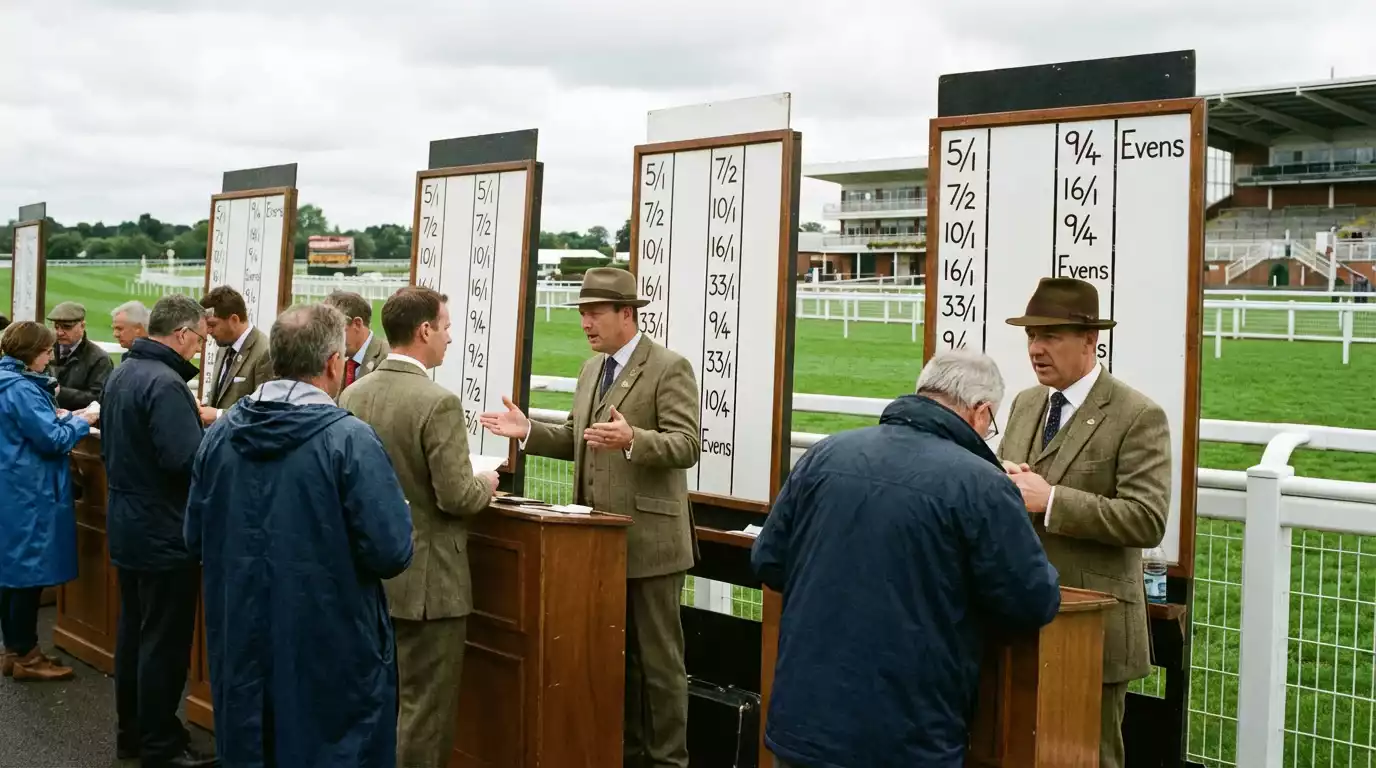 Row of traditional on-course bookmaker boards displaying fractional odds at a UK racecourse
