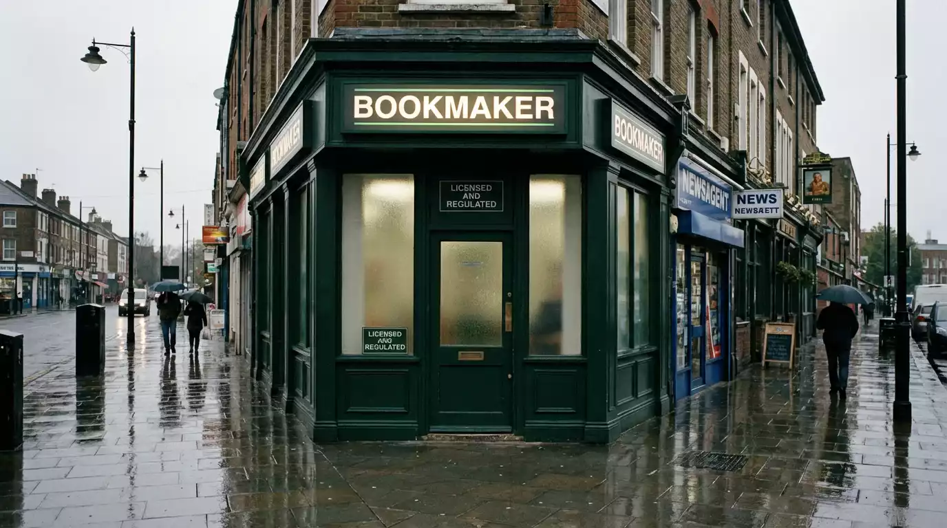 Exterior of a high-street betting shop with closed shutters and a UKGC licence notice in the window